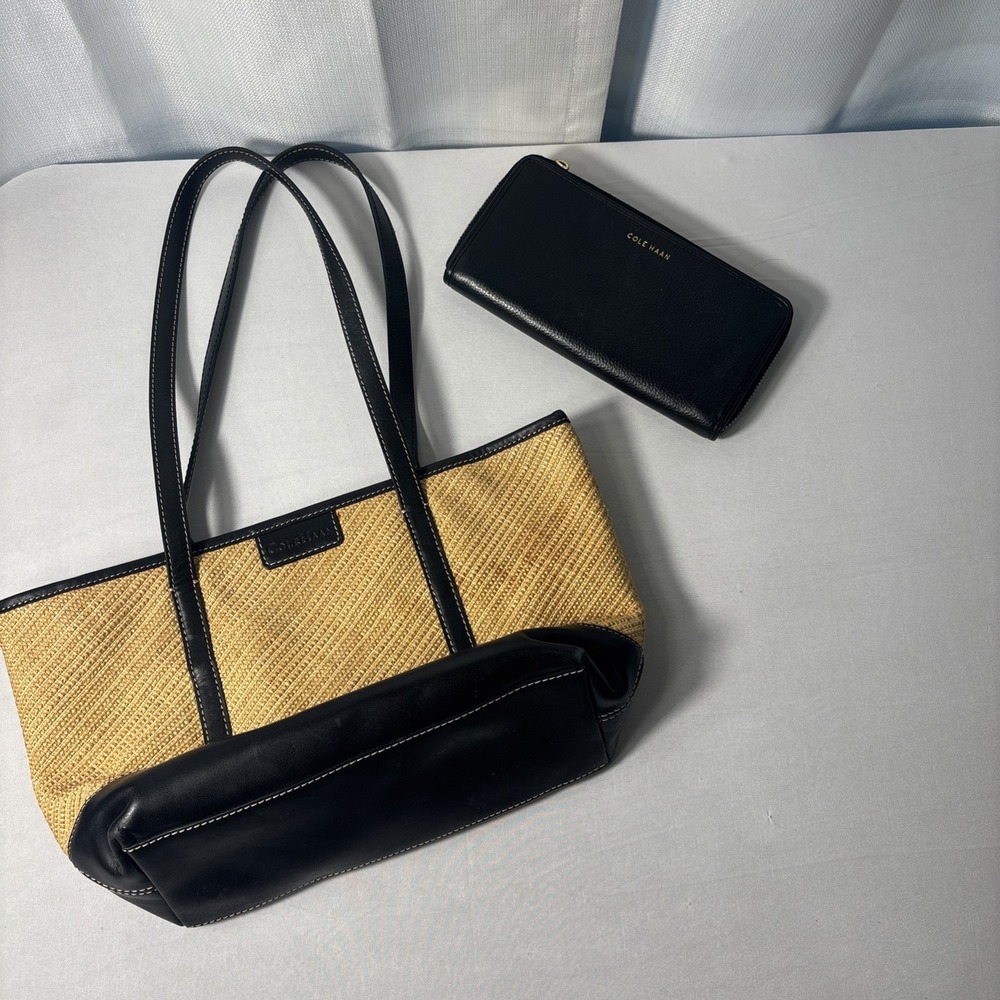 Cole Haan Purse &‎ Wallet Woven Straw Black Faux Leather Shoulder Floral Accents